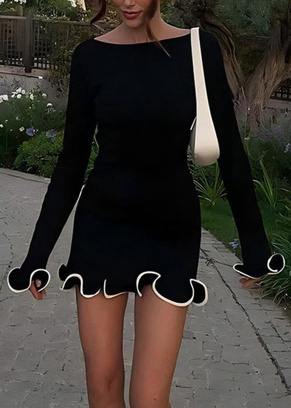 Black Solid Cotton Mid Dress O-Neck Butterfly Sleeve AL1047 Genistyle Shop