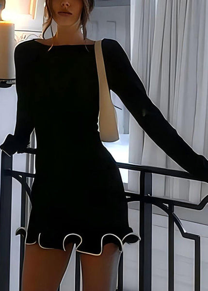 Black Solid Cotton Mid Dress O-Neck Butterfly Sleeve AL1047 Genistyle Shop