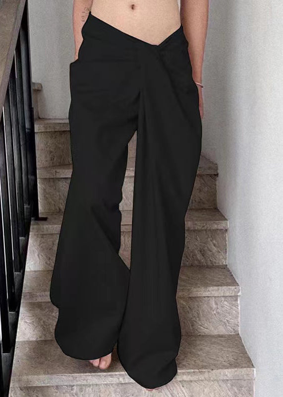 Black Solid Cotton Wide Leg Summer Pants Asymmetrical PP023 OM-NZ240827