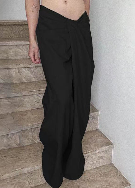 Black Solid Cotton Wide Leg Summer Pants Asymmetrical PP023 OM-NZ240827