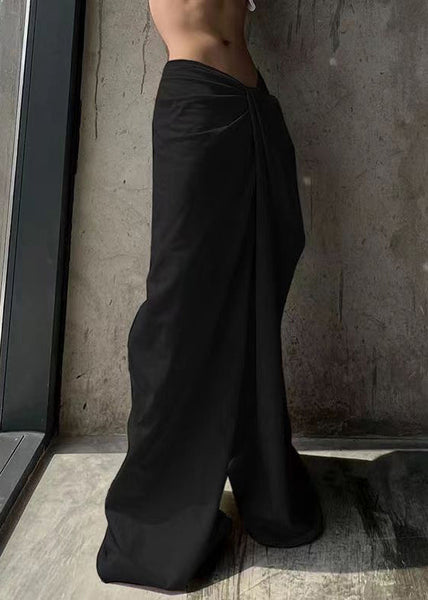 Black Solid Cotton Wide Leg Summer Pants Asymmetrical PP023 OM-NZ240827