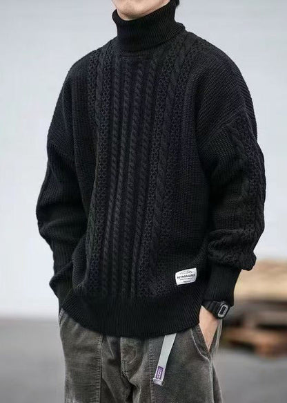 Black Solid Cozy Men Cable Knit Sweaters Turtleneck Winter RJ038 ABC