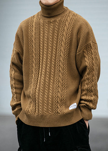 Black Solid Cozy Men Cable Knit Sweaters Turtleneck Winter RJ038 ABC