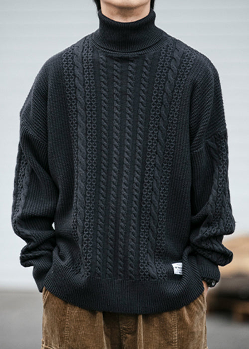 Black Solid Cozy Men Cable Knit Sweaters Turtleneck Winter RJ038 ABC