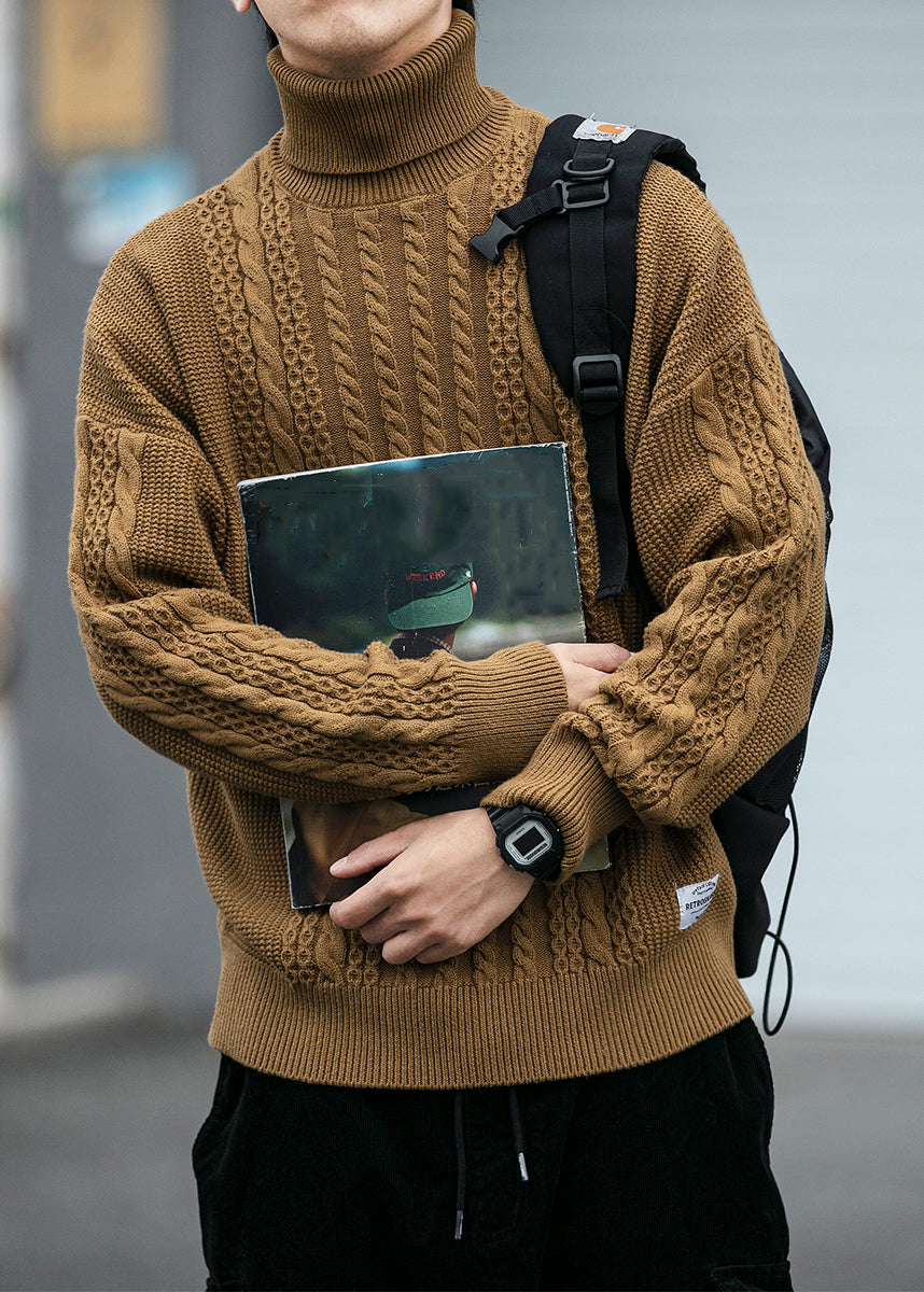 Black Solid Cozy Men Cable Knit Sweaters Turtleneck Winter RJ038 ABC