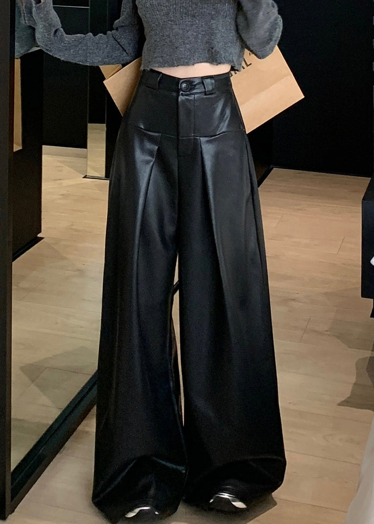 Black Solid Faux Leather Wide Leg Pants High Waist PP032 OM-NZ240827