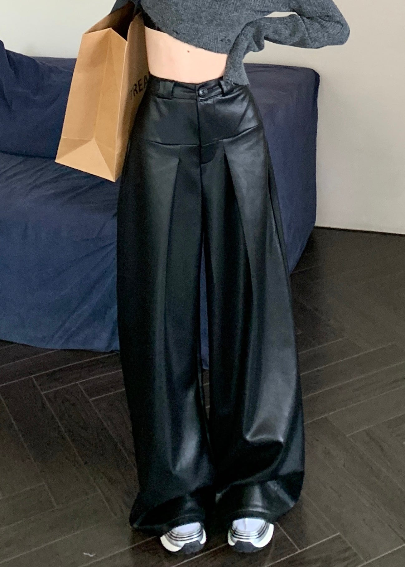Black Solid Faux Leather Wide Leg Pants High Waist PP032 OM-NZ240827