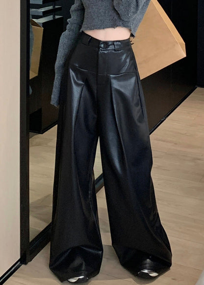 Black Solid Faux Leather Wide Leg Pants High Waist PP032 OM-NZ240827