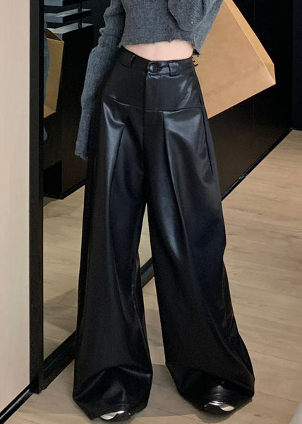 Black Solid Faux Leather Wide Leg Pants High Waist PP032 OM-NZ240827