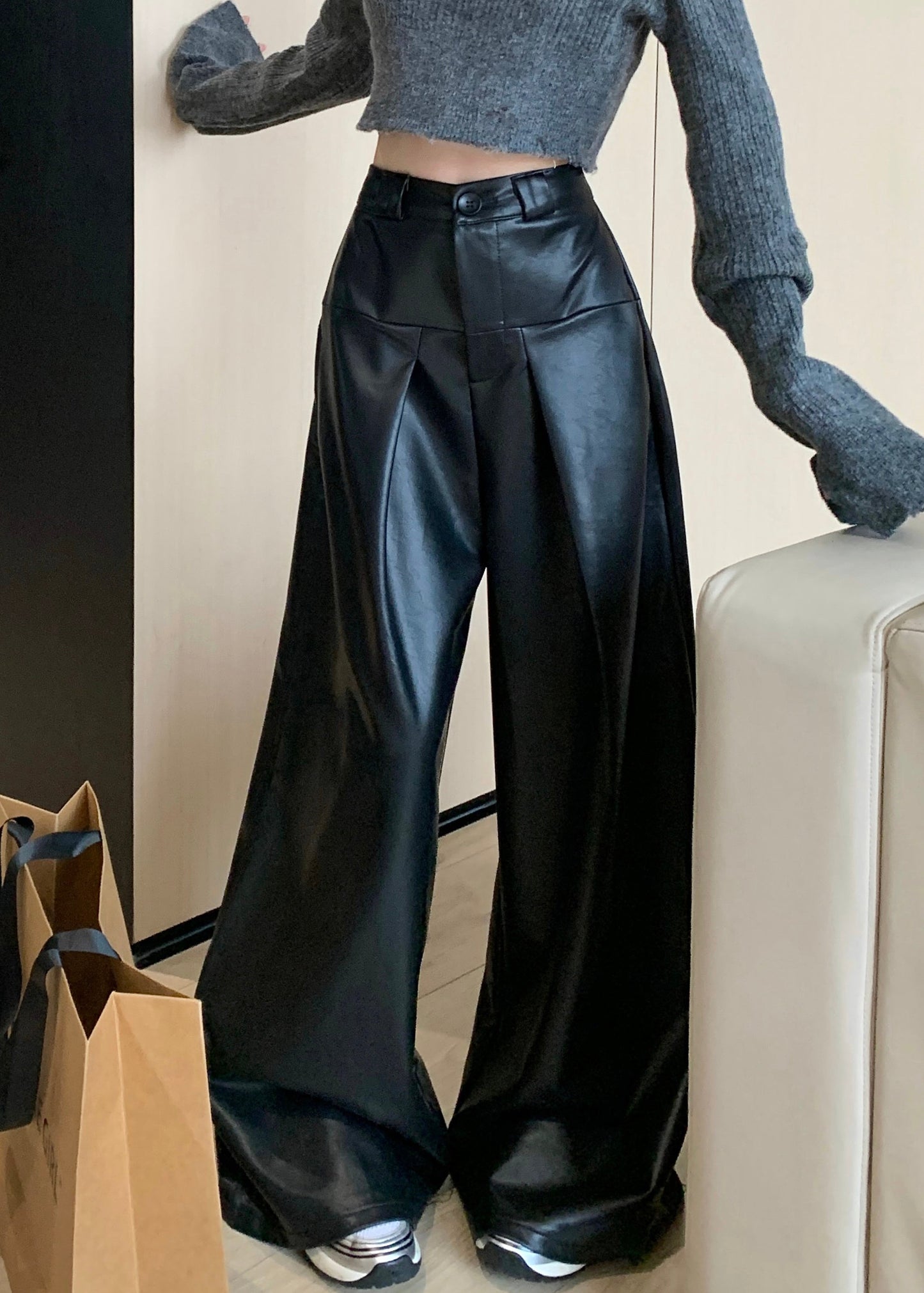 Black Solid Faux Leather Wide Leg Pants High Waist PP032 OM-NZ240827