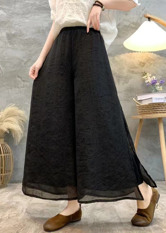 Black Solid Linen Summer Wide Leg Pants High Waist AU1069 MZF-240903