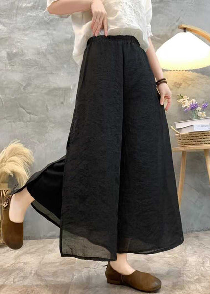 Black Solid Linen Summer Wide Leg Pants High Waist AU1069 MZF-240903