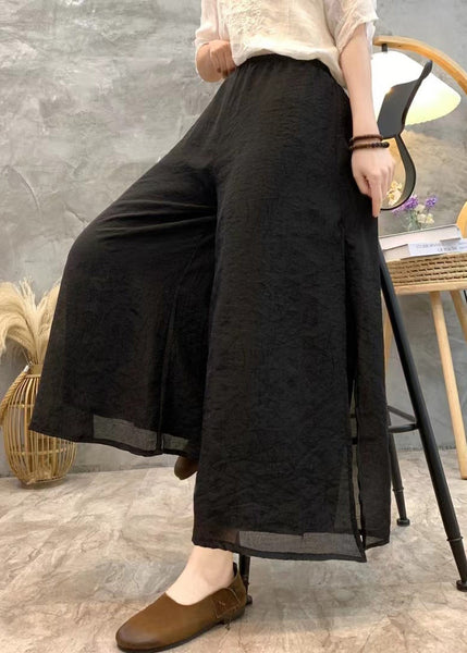 Black Solid Linen Summer Wide Leg Pants High Waist AU1069 MZF-240903