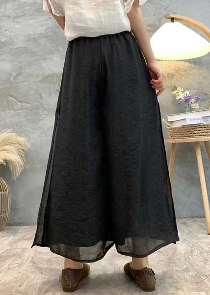 Black Solid Linen Summer Wide Leg Pants High Waist AU1069 MZF-240903