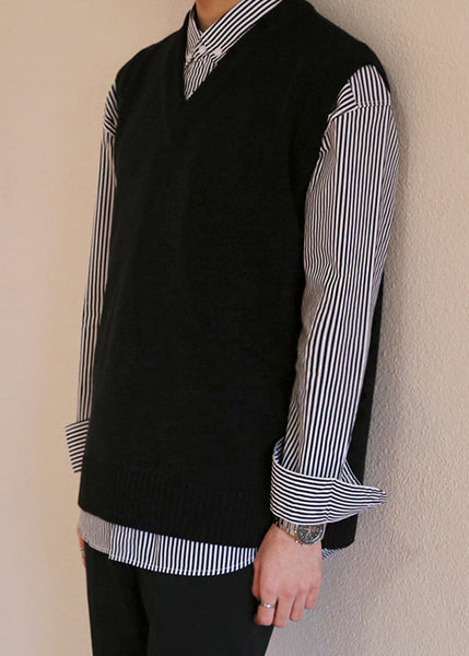 Black Solid Loose Knit Mens Waistcoat V Neck Fall RJ025 ABC