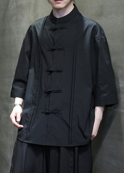 Black Solid Loose Silk Cotton Men Shirt Stand Collar Fall YT066 Men-Silk-MENLTP240721