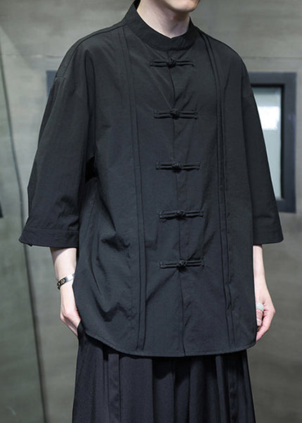 Black Solid Loose Silk Cotton Men Shirt Stand Collar Fall YT066 Men-Silk-MENLTP240721