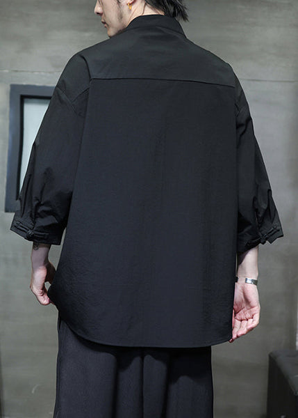 Black Solid Loose Silk Cotton Men Shirt Stand Collar Fall YT066 Men-Silk-MENLTP240721