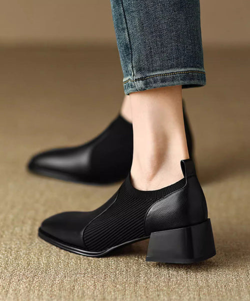 Black Splicing Chunky Heel Cowhide Leather Penny Loafers AP1005 shoe-GGX240905