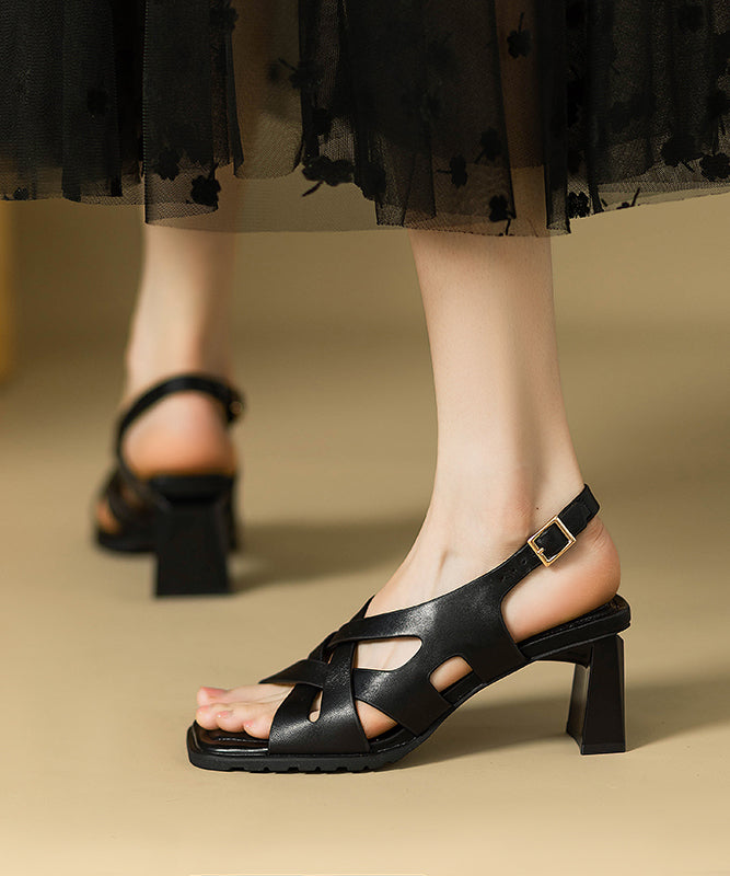 Toe Splicing Heel Sandals Black Peep Chunky Out Hollow FashionChic