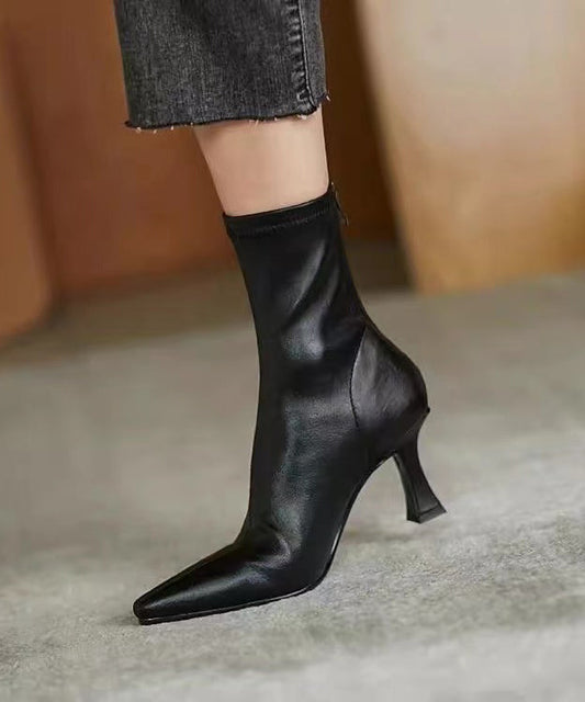 Black Splicing High Heel Boots Pointed Toe Zippered OM010 ABC