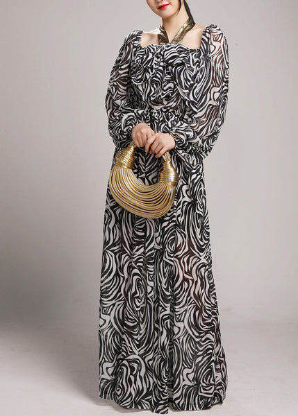 Black Square Collar Tie Lace Chiffon Jumpsuits Fall AY1049 JDML-240829