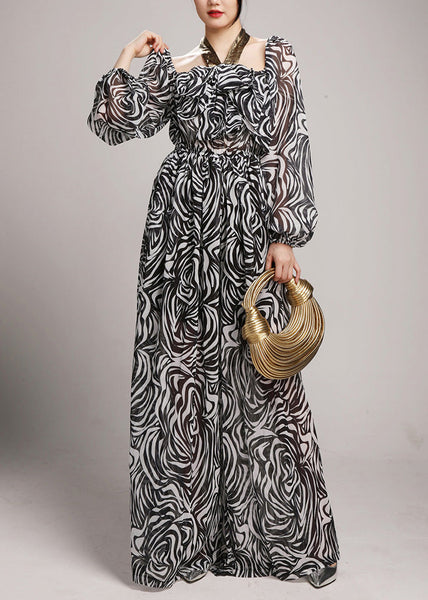 Black Square Collar Tie Lace Chiffon Jumpsuits Fall AY1049 JDML-240829