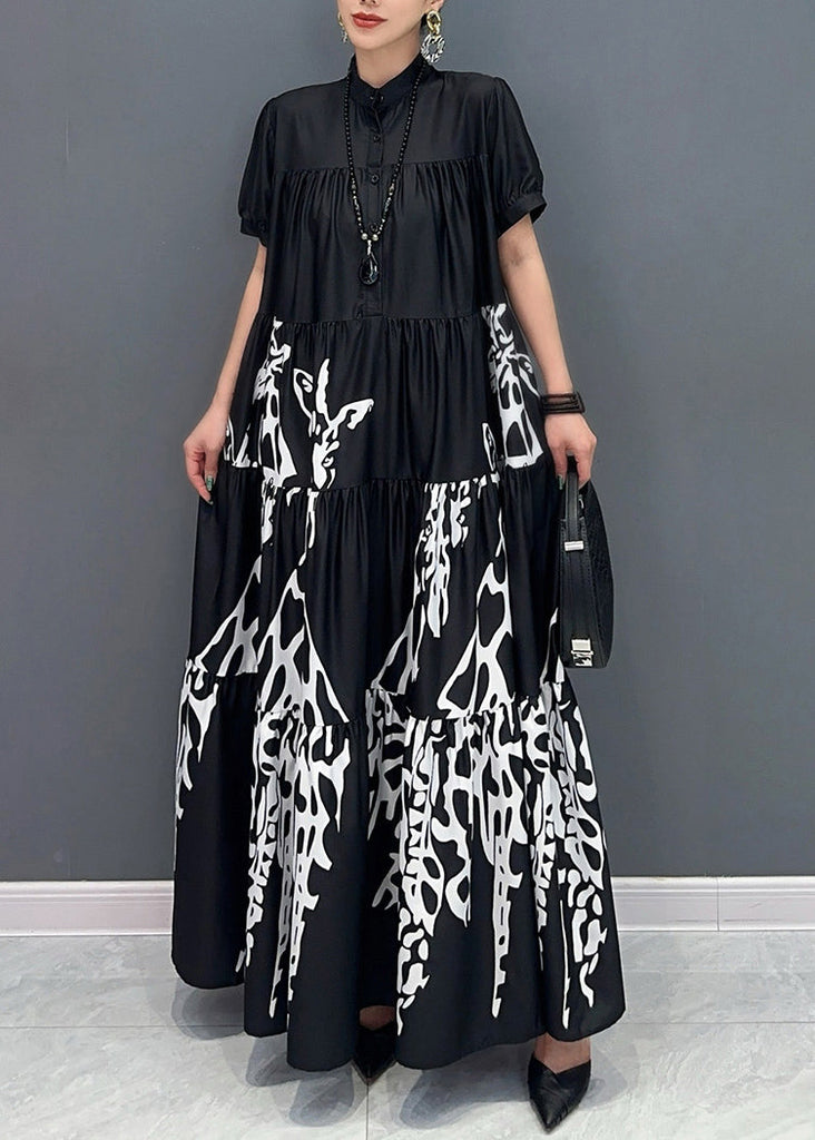 Black Stand Collar Button Maxi Dress Short Sleeve AY1050 JDML-240829