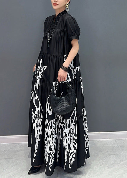 Black Stand Collar Button Maxi Dress Short Sleeve AY1050 JDML-240829