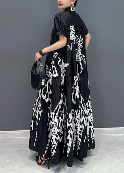 Black Stand Collar Button Maxi Dress Short Sleeve AY1050 JDML-240829