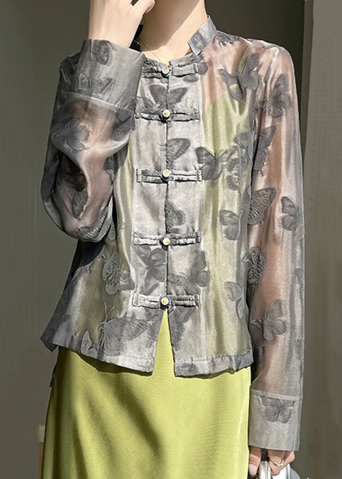 Black Stand Collar Thin Silk Shirt Long Sleeve AB1052 Genistyle Shop