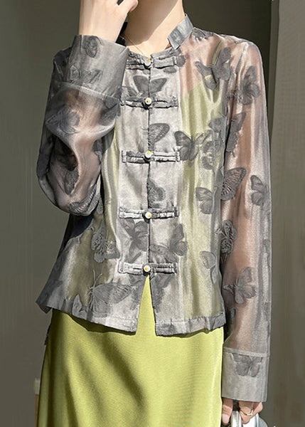 Black Stand Collar Thin Silk Shirt Long Sleeve AB1052 Genistyle Shop