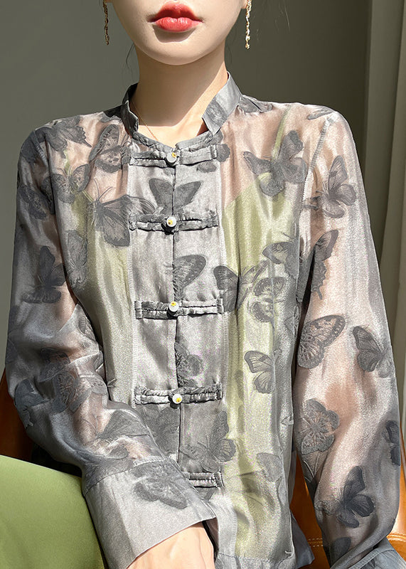 Black Stand Collar Thin Silk Shirt Long Sleeve AB1052 Genistyle Shop