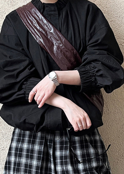 Black Stand Collar Wrinkled Coat Fall QE075 HS-CTS240925