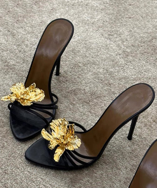 Splicing Floral Slide Sandals Faux Black Fashion Stiletto Leather FashionChic