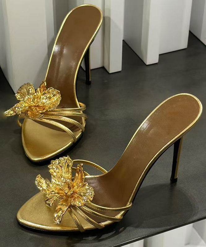 Fashion Leather Floral Stiletto Sandals Black Faux Splicing Slide FashionChic