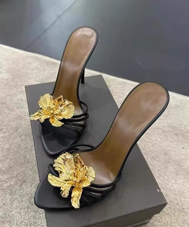 Splicing Floral Slide Sandals Faux Black Fashion Stiletto Leather FashionChic