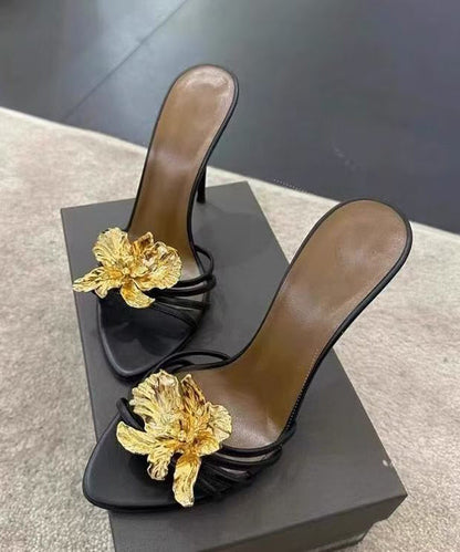 Splicing Floral Slide Sandals Faux Black Fashion Stiletto Leather FashionChic