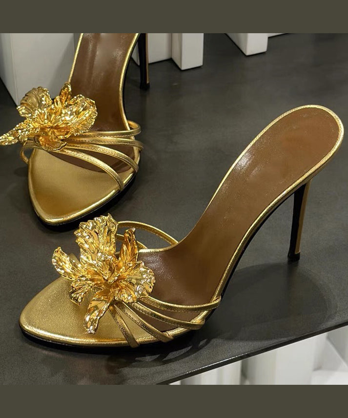 Fashion Leather Floral Stiletto Sandals Black Faux Splicing Slide FashionChic