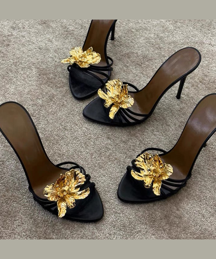 Fashion Leather Floral Stiletto Sandals Black Faux Splicing Slide FashionChic