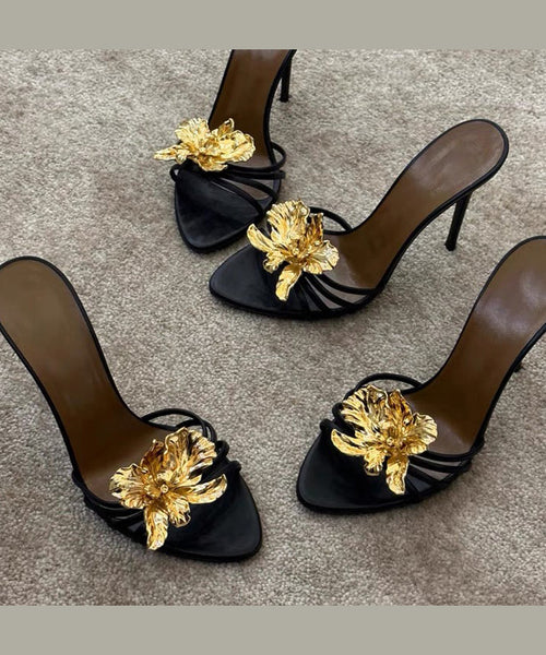 Fashion Leather Floral Stiletto Sandals Black Faux Splicing Slide FashionChic