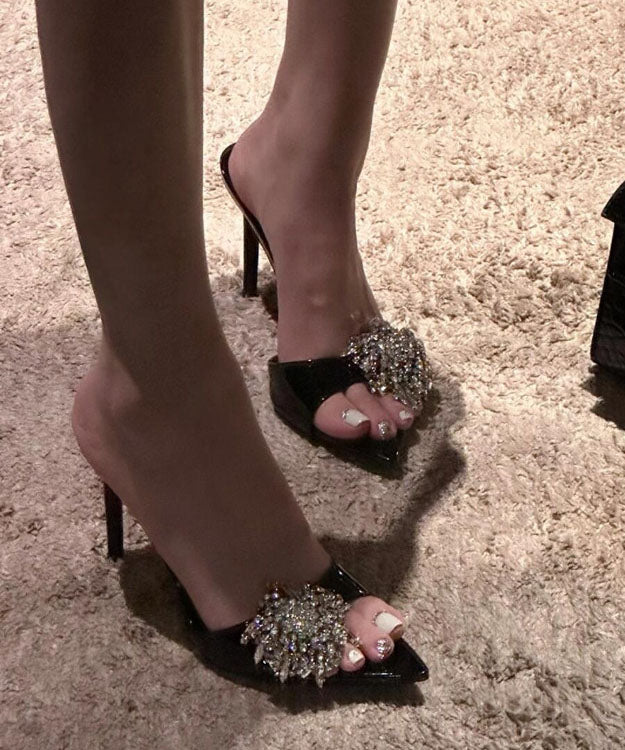 Leather Fashion Zircon Sandals Faux Black Stiletto Slide FashionChic