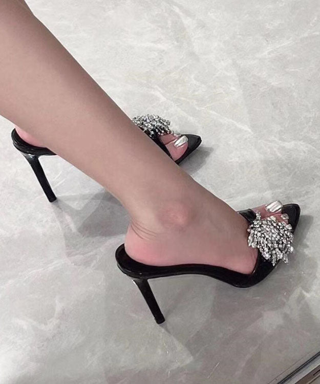Leather Fashion Zircon Sandals Faux Black Stiletto Slide FashionChic