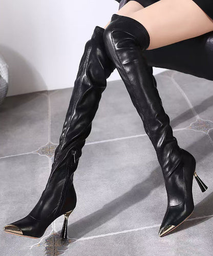 Black Stiletto Faux Leather Stylish Splicing Knee Boots TE001 ABC