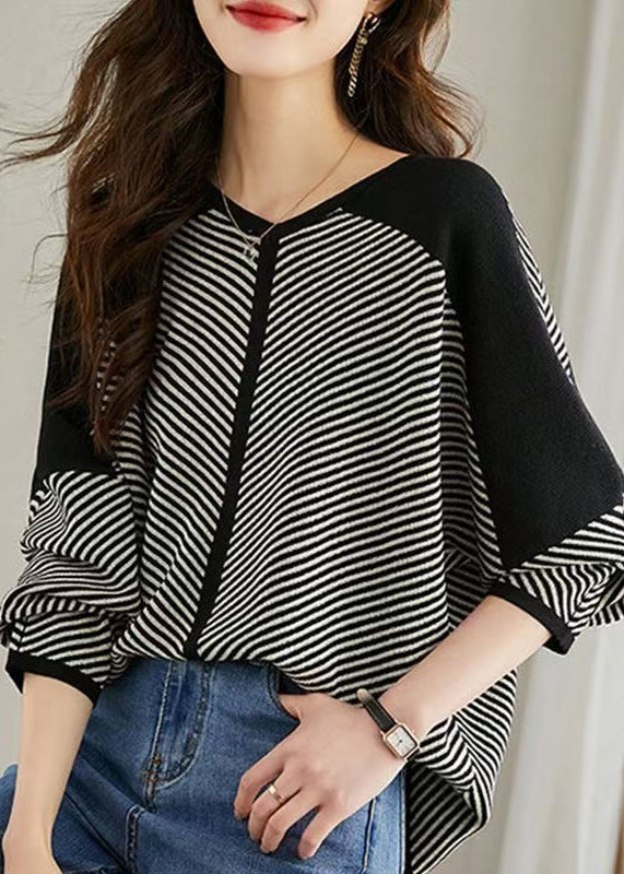 Oversized Black Sleeve Batwing Shirt Knit Striped FashionChic