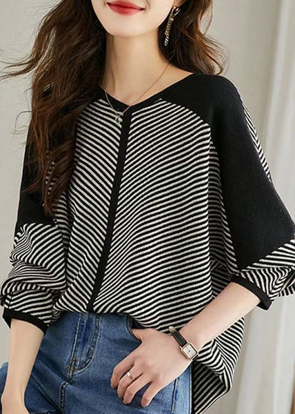 Oversized Black Sleeve Batwing Shirt Knit Striped FashionChic