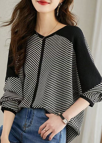 Oversized Black Sleeve Batwing Shirt Knit Striped FashionChic