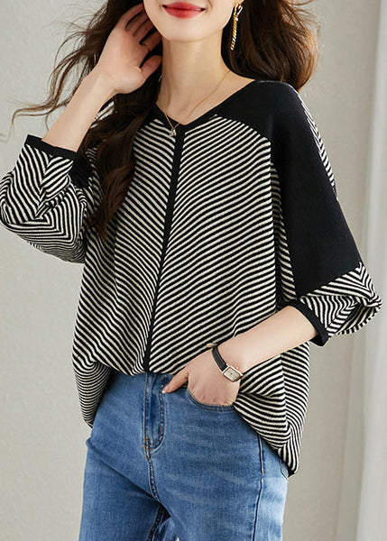 Oversized Black Sleeve Batwing Shirt Knit Striped FashionChic