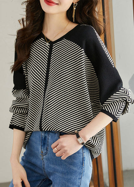 Oversized Black Sleeve Batwing Shirt Knit Striped FashionChic