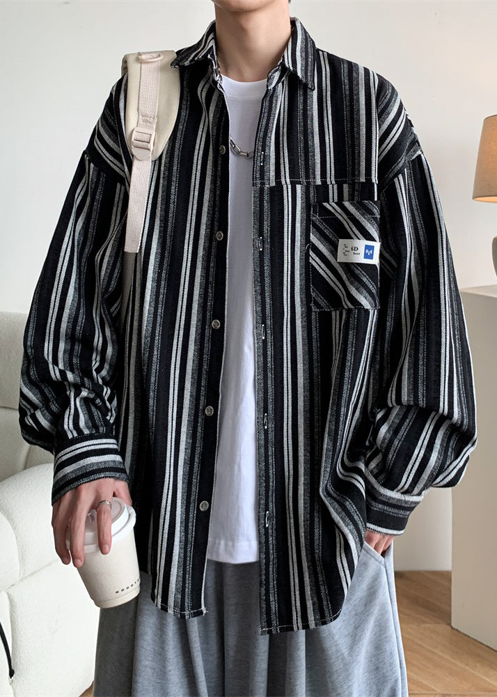 Oversized Peter Spring Men Striped Pan Cotton Black Collar Shirts FashionChic